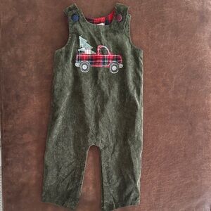 Mud Pie Olive Overalls with Plaid Truck